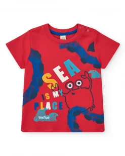 T-shirt en tricot rouge pour garçon avec imprimé de crabe