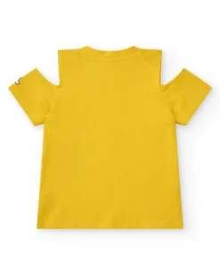 T-shirt jaune pour fille avec fleurs et manches ouvertes