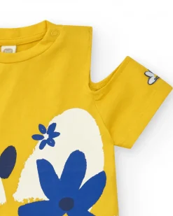 T-shirt jaune pour fille avec fleurs et manches ouvertes