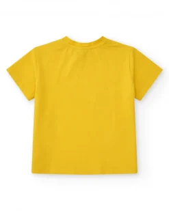 T-shirt jaune pour fille avec chat et fleur bleue