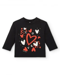 T-shirt noir imprimé coeurs rouges et blancs pour fille de la collection Cartoon Calling