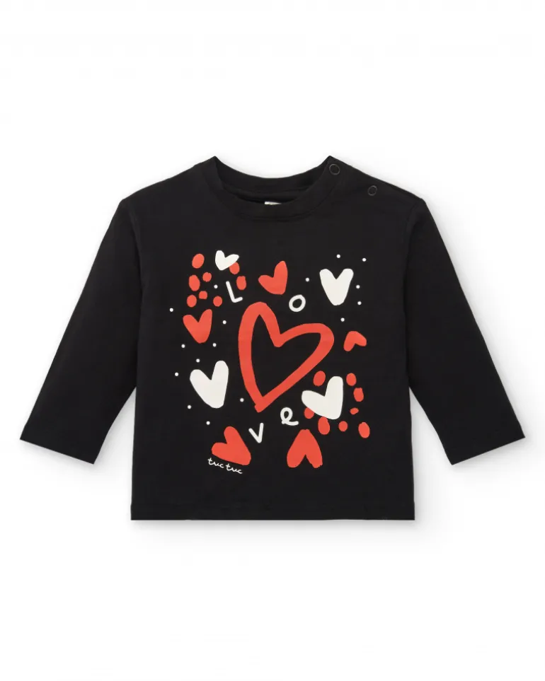 T-shirt noir imprimé coeurs rouges et blancs pour fille de la collection Cartoon Calling
