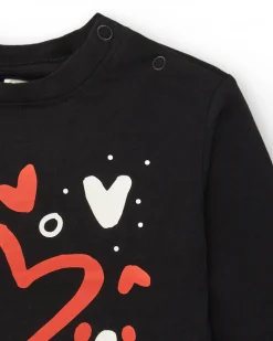 T-shirt noir imprimé coeurs rouges et blancs pour fille de la collection Cartoon Calling