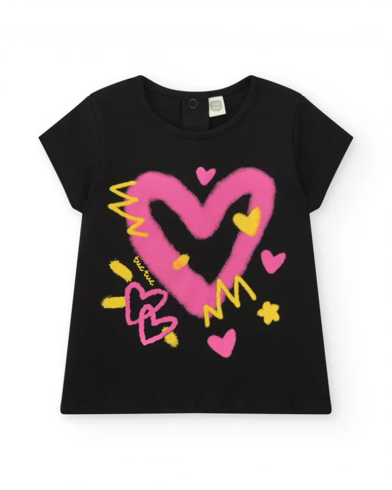 T-shirt noir pour fille avec cœurs vibrants