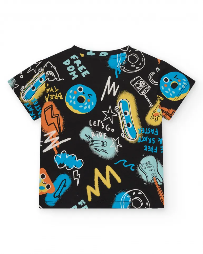 T-shirt noir pour garçon avec skateboards et donuts