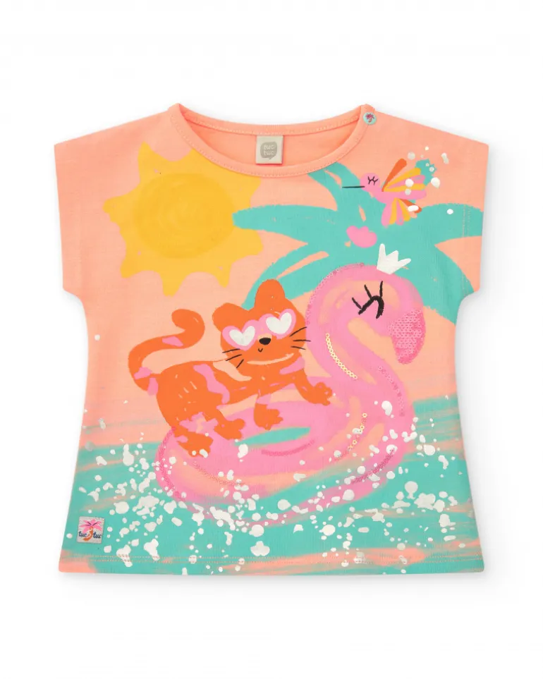 T-shirt orange pour fille avec tigre, flamant rose et détails tropicaux