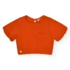 T-shirt orange pour fille avec fleur et manches bouffantes