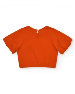 T-shirt orange pour fille avec fleur et manches bouffantes