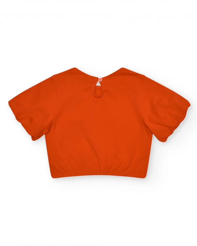 T-shirt orange pour fille avec fleur et manches bouffantes