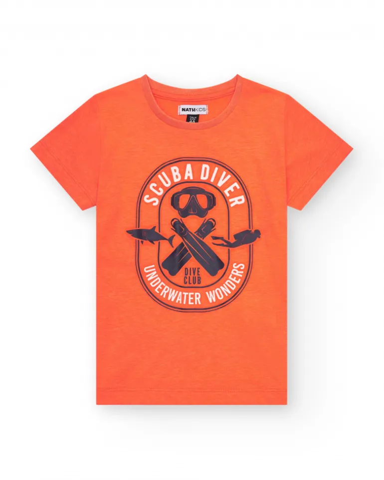 T-shirt orange pour garçon avec imprimé plongée sur le devant.