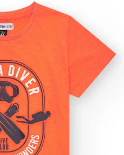 T-shirt orange pour garçon avec imprimé plongée sur le devant.