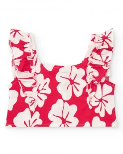 T-shirt pour fille avec volants et imprimé floral en rouge et blanc