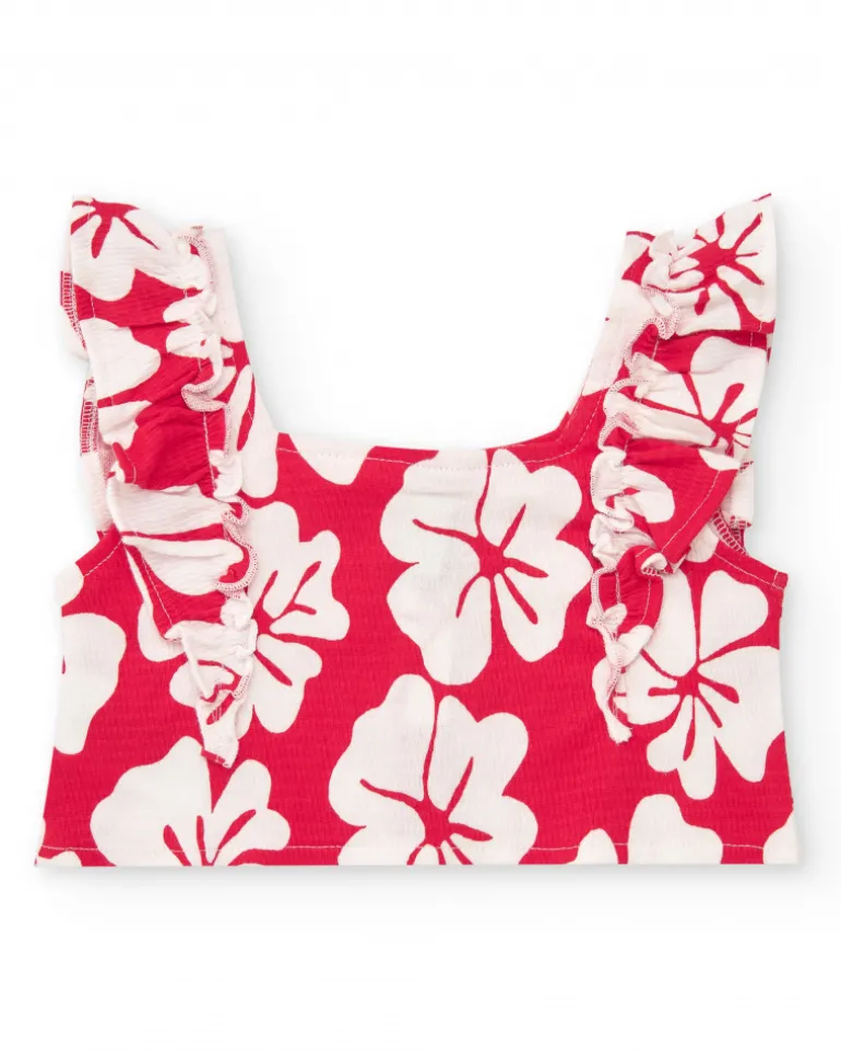 T-shirt pour fille avec volants et imprimé floral en rouge et blanc