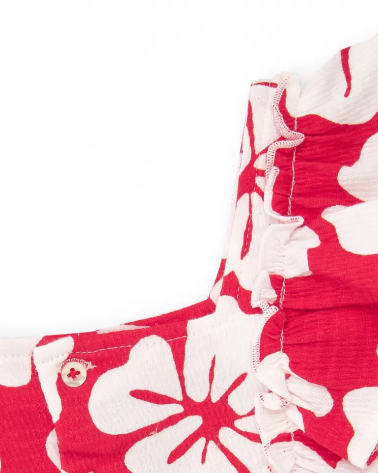 T-shirt pour fille avec volants et imprimé floral en rouge et blanc