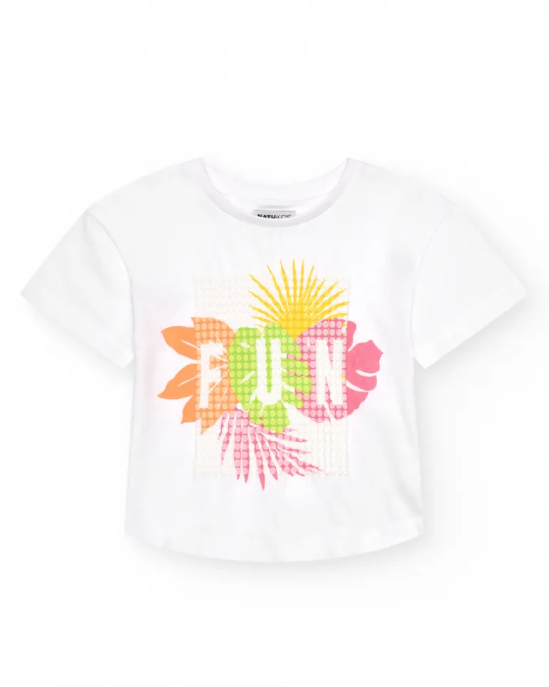T-shirt pour fille en blanc avec imprimé tropical.