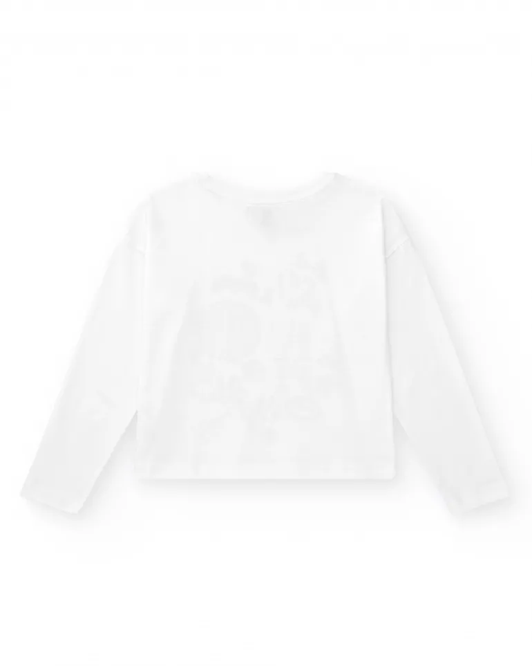 T-shirt pour fille en blanc, à manches longues, décoré avec des graphiques.