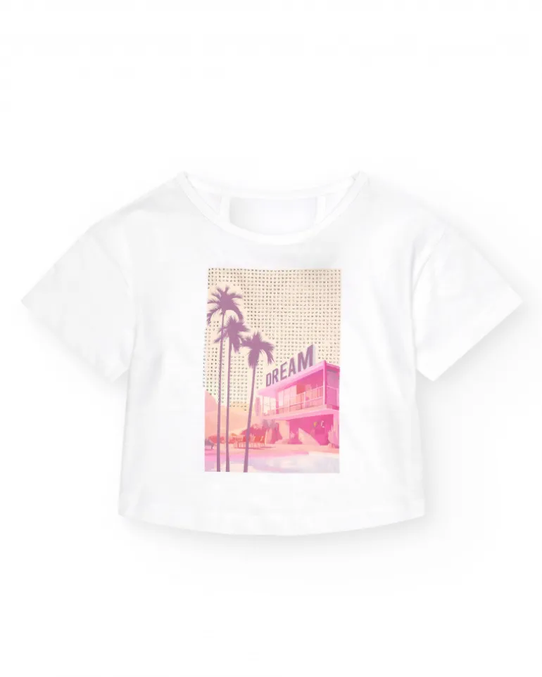 T-shirt pour fille en blanc avec imprimé sur le devant en rose et violet.