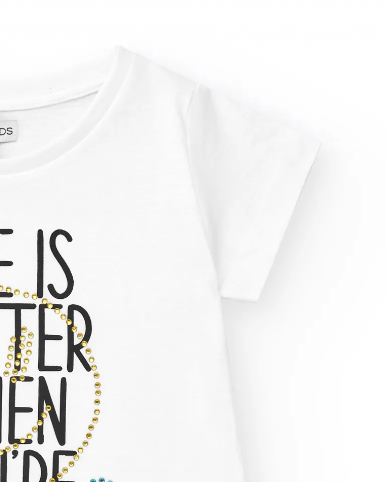 T-shirt pour fille en blanc, à manches courtes, avec détails brillants.