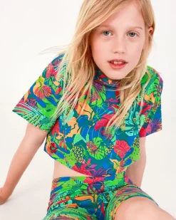 T-shirt pour fille en bleu à manches longues avec imprimé tropical.