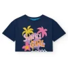 T-shirt pour fille en bleu, manches courtes avec imprimé tropical.