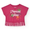 T-shirt pour fille en fuchsia avec imprimé tropical et franges sur le bas.