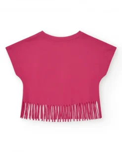 T-shirt pour fille en fuchsia avec imprimé tropical et franges sur le bas.