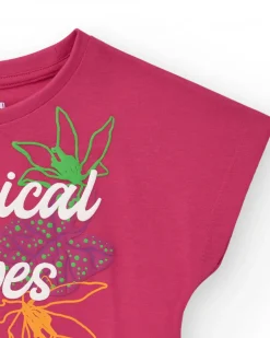 T-shirt pour fille en fuchsia avec imprimé tropical et franges sur le bas.