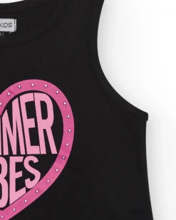 T-shirt pour fille en noir, sans manches, avec imprimé sur le devant.