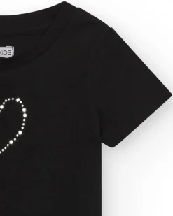 T-shirt pour fille en noir, à manches courtes, avec un cœur brillant.