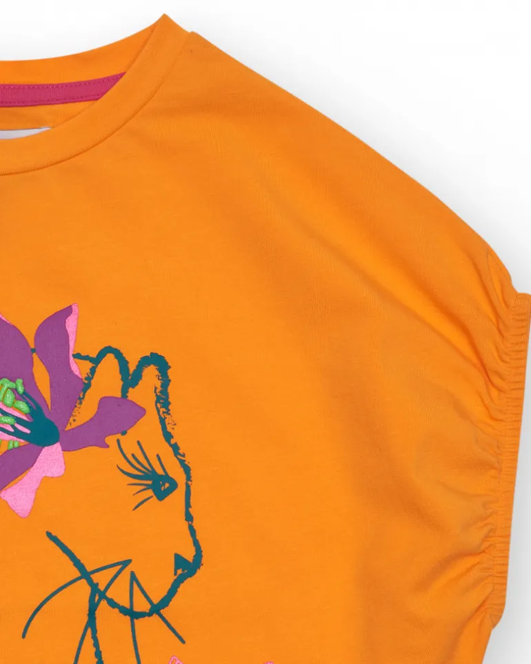 T-shirt pour fille en orange à manches courtes avec détails floraux.