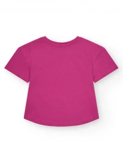 T-shirt pour fille en rose, à manches courtes, avec message sur le devant.
