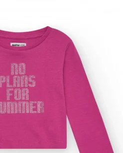T-shirt pour fille en rose, à manches longues, avec message sur le devant.