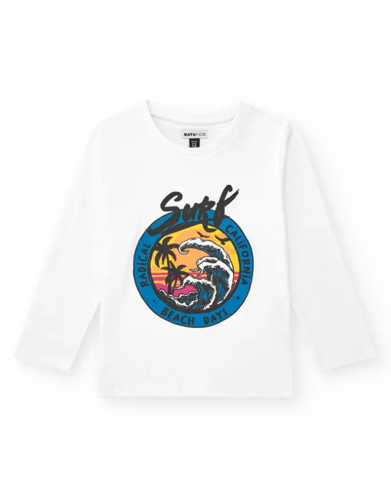 T-shirt pour garçon en blanc avec imprimé tropical.