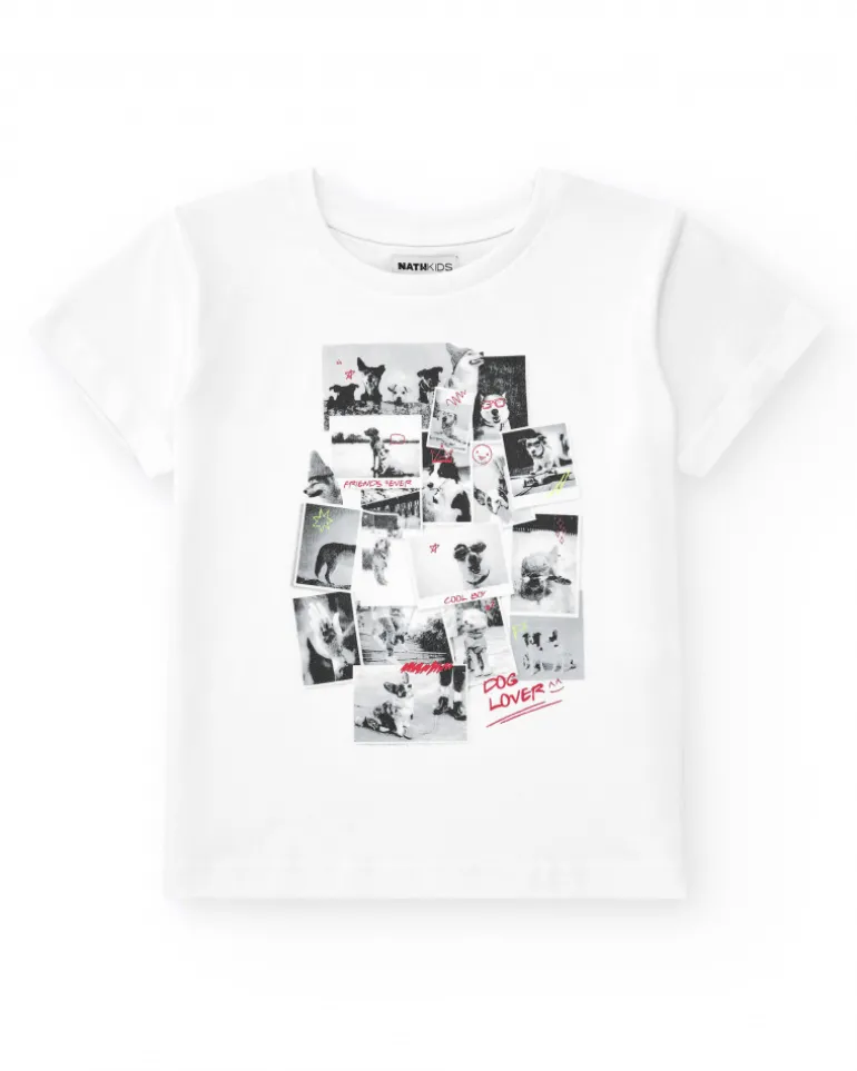 T-shirt pour garçon en blanc avec imprimé photographique.