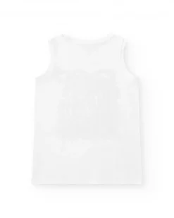 T-shirt pour garçon en blanc avec graphique de vague et lettres noires.