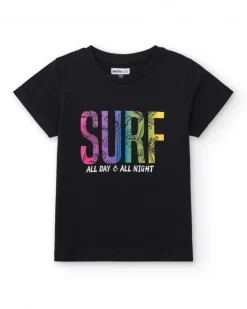T-shirt pour garçon en noir avec imprimé multicolore.