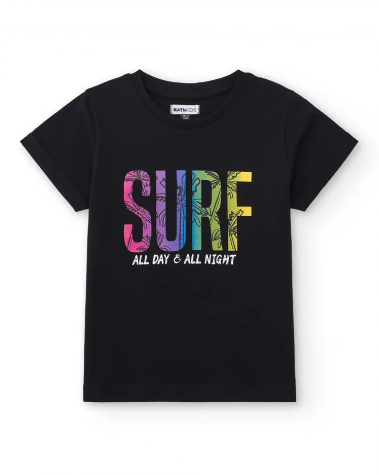 T-shirt pour garçon en noir avec imprimé multicolore.
