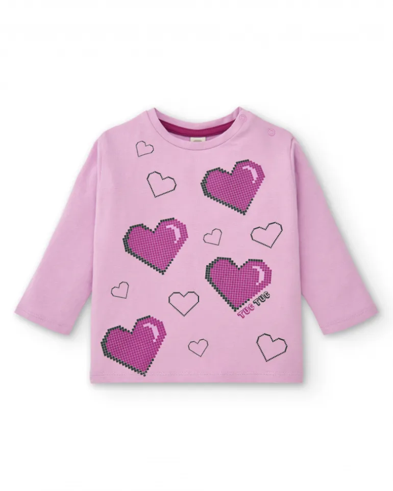 T-shirt rose manches longues avec coeurs pour fille collection Cyber Dino