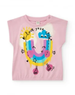 T-shirt rose pour fille avec manches tombantes et taille élastique