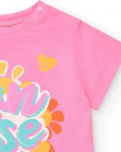 T-shirt rose pour fille avec phrases et détails décoratifs