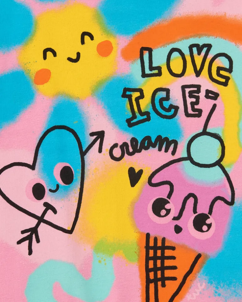 T-shirt rose pour fille avec glace, cœurs et nœud décoratif