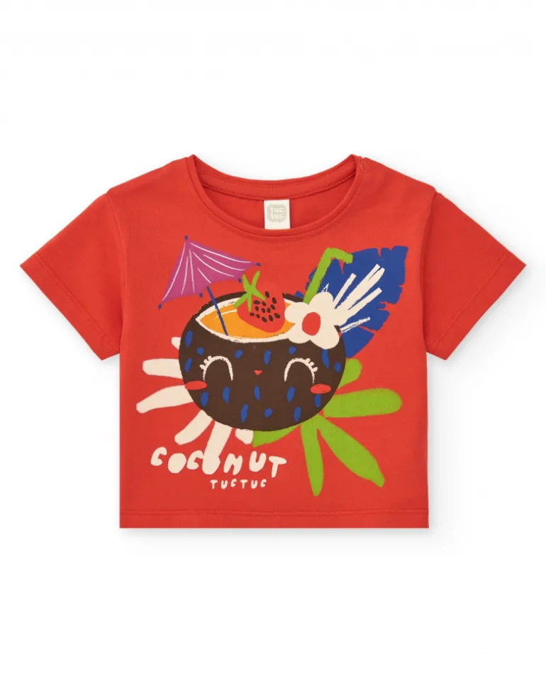 T-shirt rouge pour fille avec imprimé tropical de noix de coco