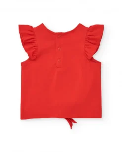 T-shirt rouge pour fille avec imprimé de crabe et volants