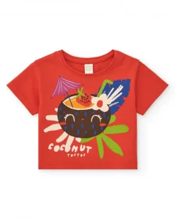 T-shirt rouge pour fille avec imprimé tropical de noix de coco et fruits