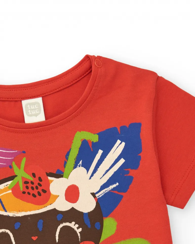 T-shirt rouge pour fille avec imprimé tropical de noix de coco