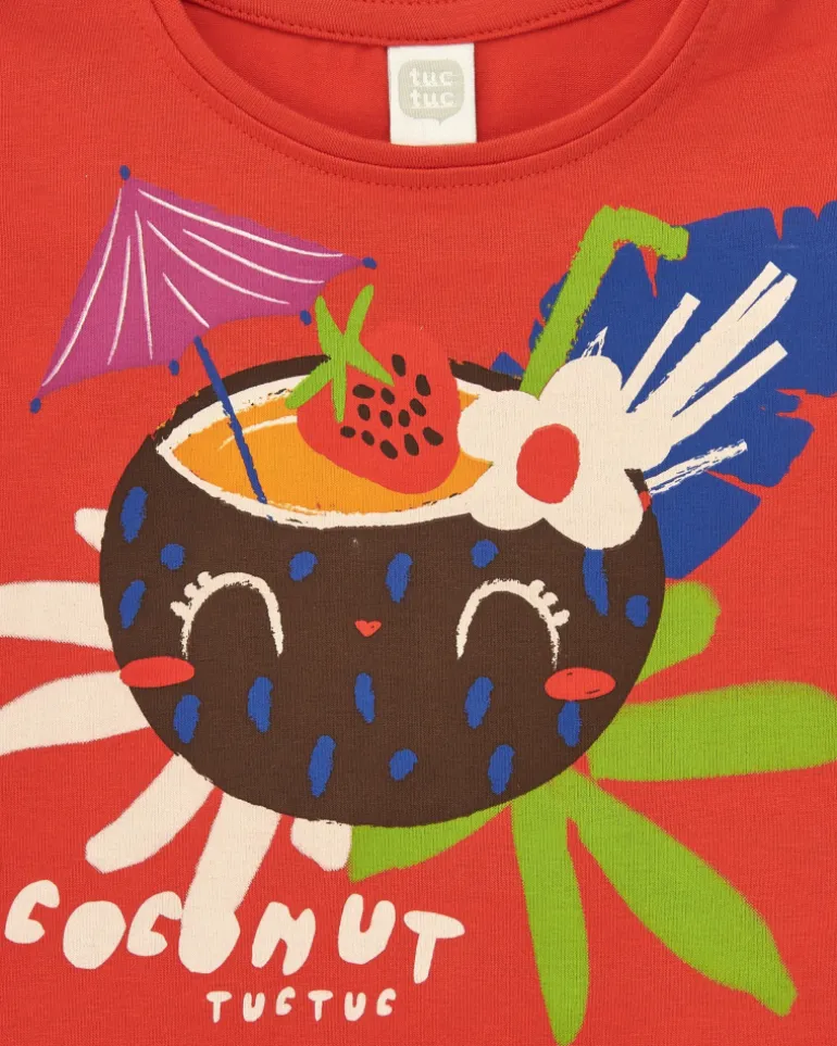 T-shirt rouge pour fille avec imprimé tropical de noix de coco
