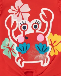 T-shirt rouge pour fille avec imprimé de crabe et volants