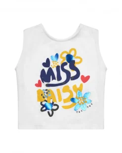 T-shirt sans manches blanc pour fille avec phrase "MISS DAISY"