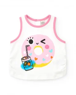 T-shirt sans manches blanc pour fille avec bordures roses et boutons arrière