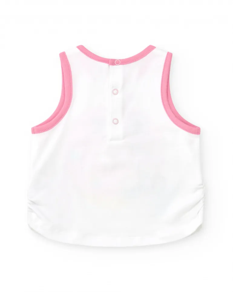 T-shirt sans manches blanc pour fille avec bordures roses et boutons arrière
